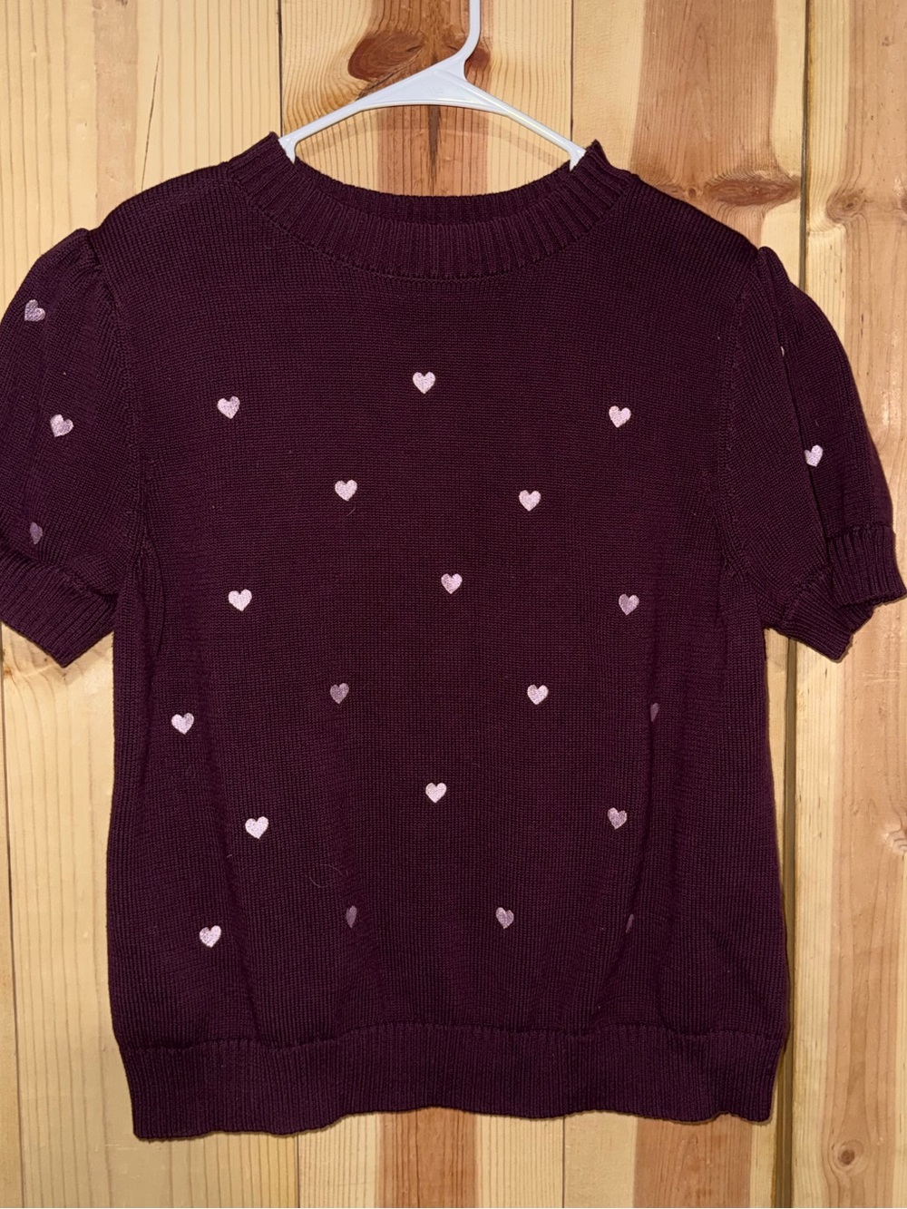 Gilli Short-Sleeve Heart Knit Sweater - Plum with Pink Hearts